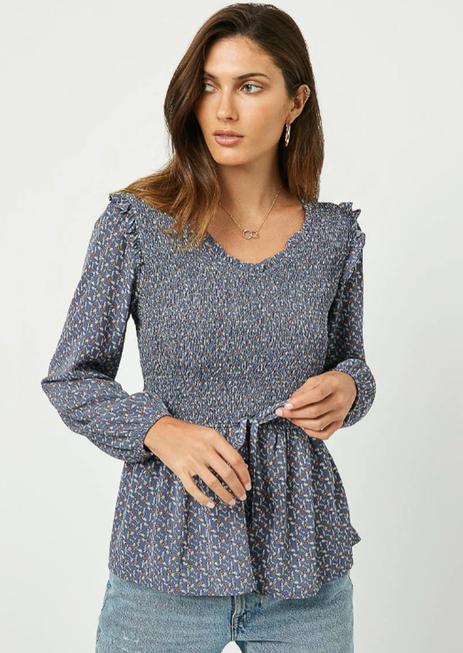 HAYDEN Laura Blue Floral Smocked Ruffle Blouse Medium